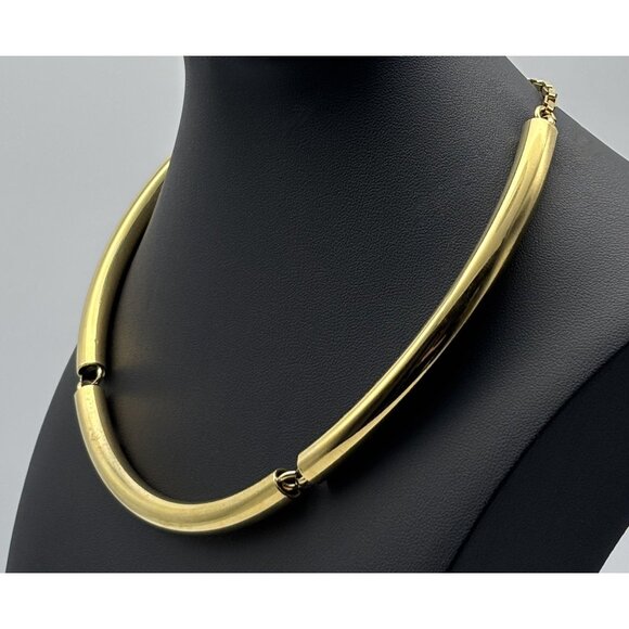 Vintage Ann Taylor Gold-Tone Curved Tubular Necklace Collar Adjustable, Logo Tag - Picture 3 of 13